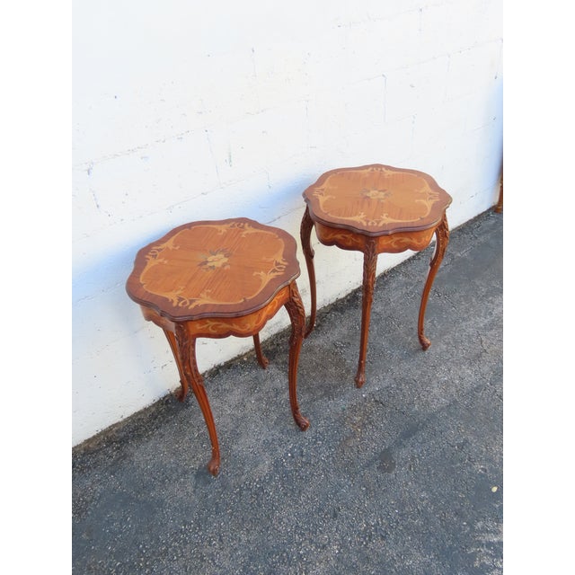 Early 1900s French Carved Inlay Round Side End Tables a Pair 6375a For Sale - Image 11 of 14