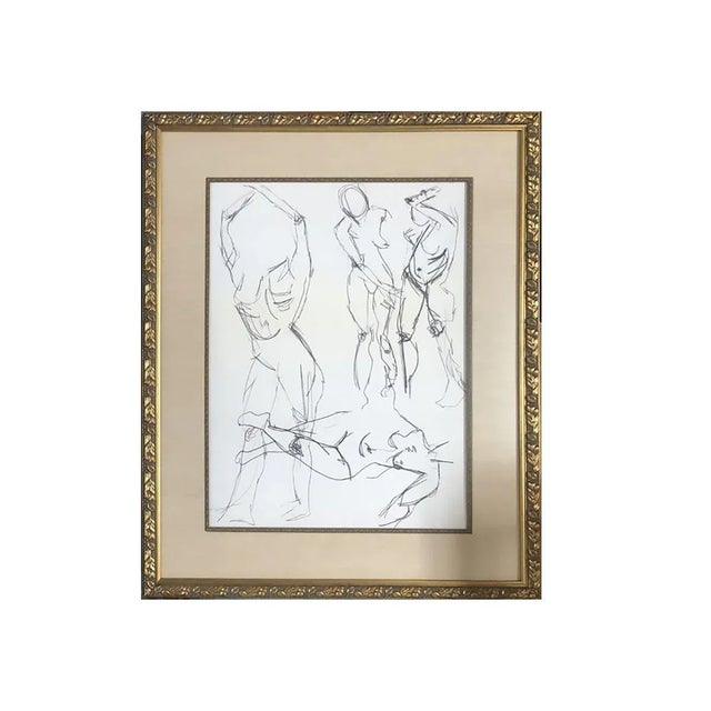 Neoclassical Nude Female Figurative Pencil on Paper Drawings in Gold Tone Frame, Pair For Sale - Image 3 of 7