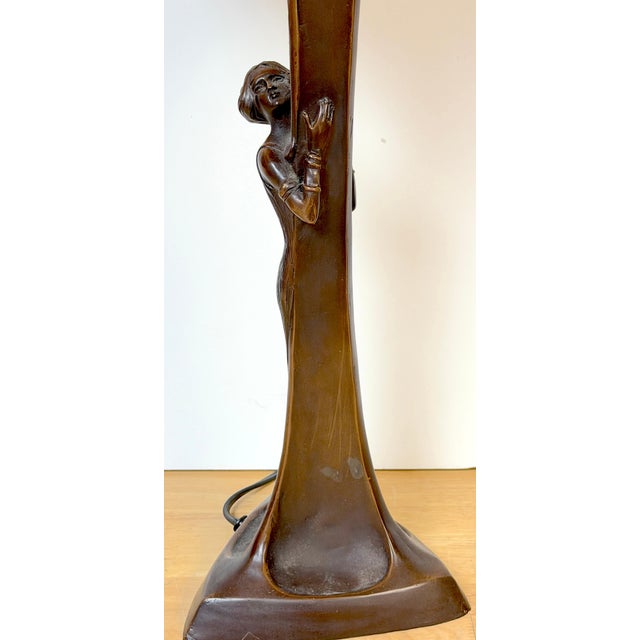 Art Nouveau Style Figural Bronze Lamp Loetz Style Orange Art Glass Shade, 20th C For Sale - Image 12 of 18
