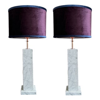 Large Marble and Copper Table Lamps with Velvet Shade, 1980s, Set of 2 For Sale
