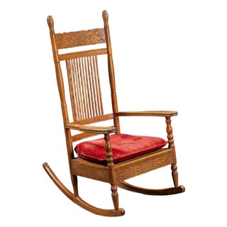 Antique Wooden Rocking Chair With Red Cushion For Sale