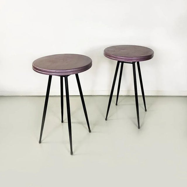 Italian Mid-Century Modern pair of black and purple plum metal bar tables, 1950s. Pair of bar tables with round purple...