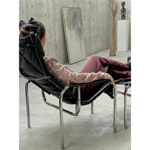 Hans Eichenberger Set of Lounge Armchair and Ottoman in Leather by Hans Eichenberger for Strässle, Switzerland, 1970s For Sale - Image 4 of 8