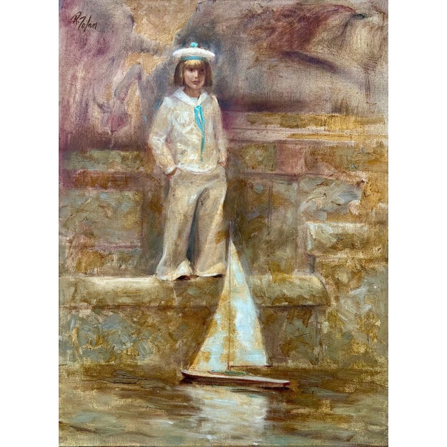Richard Judson Zolan, Large American Impressionist Painting Sailor Girl with Toy Boat Richard Zolan For Sale - Image 14 of 16