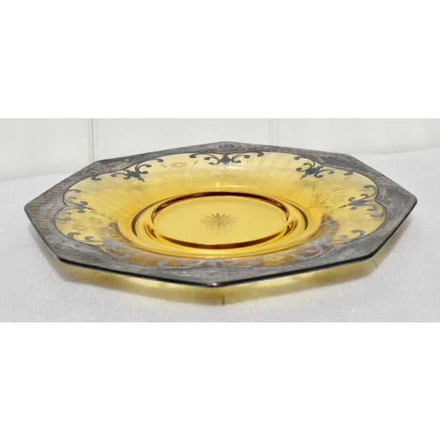 Antique Shaped Amber Etched & Cut Glass Decorative Plate W/Silver Overlay For Sale - Image 13 of 13