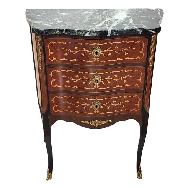 Antique French Louis XV Style Bronze & Inlaid Verde Marble Top Nighstand Chest For Sale - Image 9 of 14
