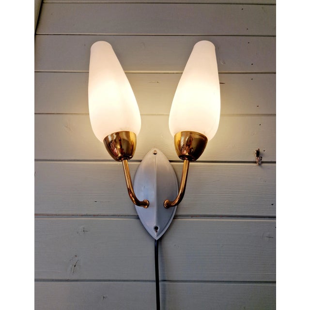 Vintage Double Wall Light in Brass and White Opaline, 1950s For Sale - Image 9 of 10