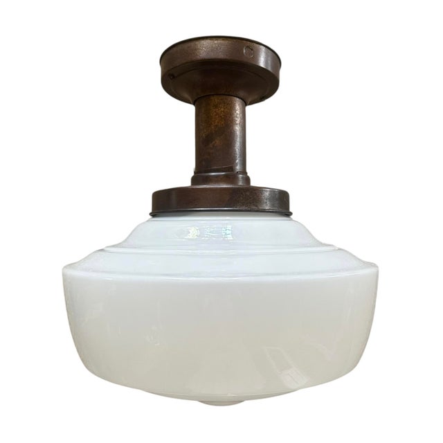 American Antique Milkglass Flushmount Ceiling Light on Rustic Holder For Sale - Image 3 of 6
