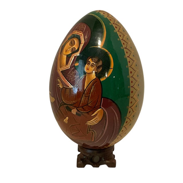 Wood Hand Painted Lacquered Wood Egg of Mother of God Virgin Mary & Jesus on Stand For Sale - Image 7 of 13
