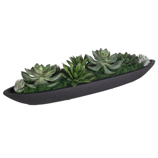 This striking faux succulent centerpiece brings a touch of organic character to any space, featuring lush green succulents...