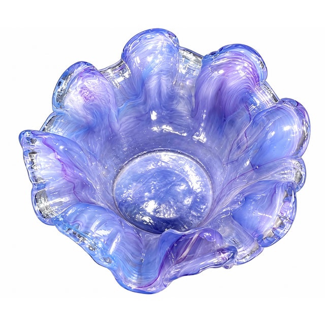 Murano Vintage MCM Murano “Lavorazione Arte” Blue Ribbed Ruffle Art Glass Vase For Sale - Image 4 of 4