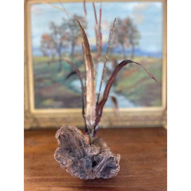 Brutalist Mid-Century Curtis Jere Style Brutalist Cattail Sculpture in Welded Copper and Brass Toned Metals on Driftwood Base. For Sale - Image 3 of 10