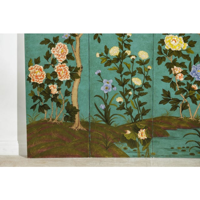 Vintage Chinese Four-Panel Screen with Hand-Painted Blossoms on Teal Ground For Sale - Image 11 of 12