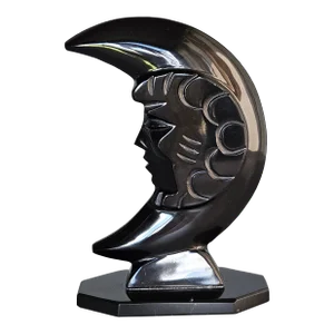 Vintage Man in the Moon Hand Carved Onyx Crescent Moon Sculpture