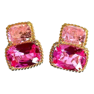 Christina Addison 18kt Yellow Gold 2 Stone Rope Twist Earring With Light Pink Topaz and Deep Pink Topaz
