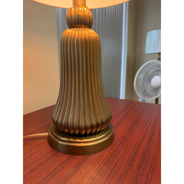 Metal Art Deco Fluted Brass Table Lamp With Linen Shade For Sale - Image 7 of 8