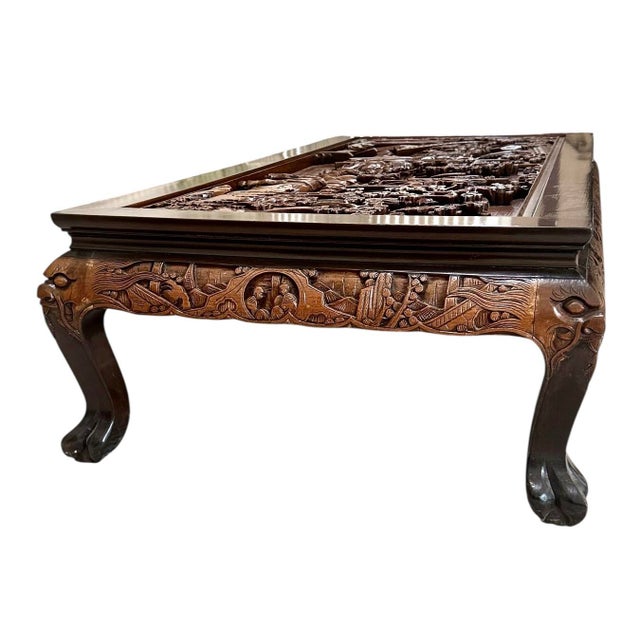 Mid 20th Century Asian Hand-Carved Solid Teak Coffee Table - Glass Top, For Sale - Image 10 of 12