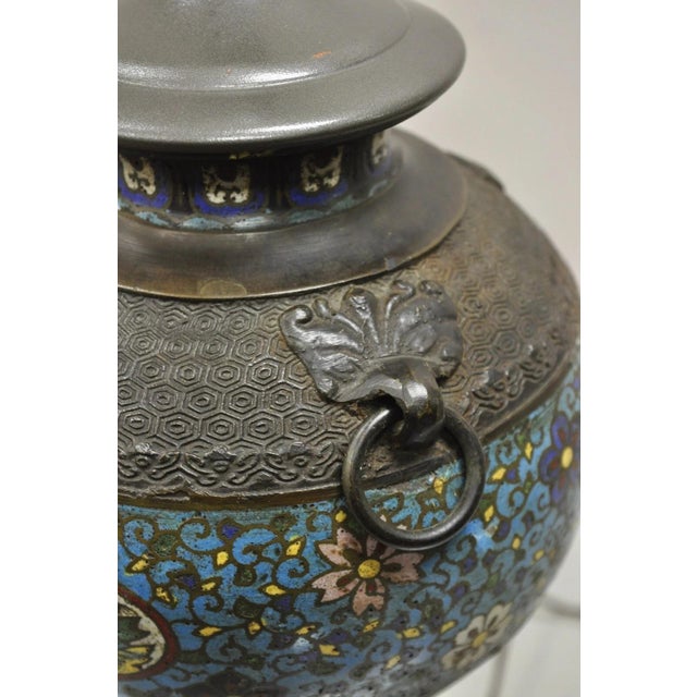 Antique Chinese Cloisonne Blue Porcelain Enamel Bronze Figural Table Lamp For Sale - Image 9 of 12