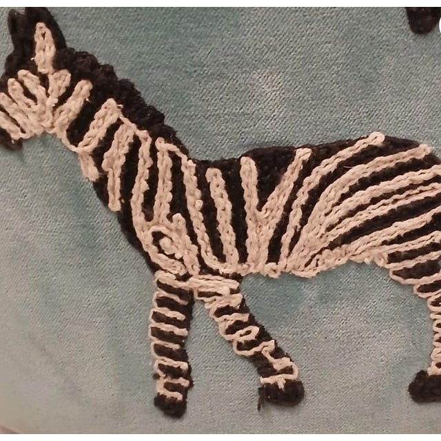 Art Deco Ottoman Velvet Aqua Blue Zebras Embroidered Wood Feet Adult Child Tribal Jungle For Sale - Image 4 of 14