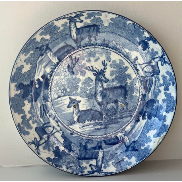 English Antique Early 19th Century English Staffordshire Pearlware Blue & White Transferware Serving Dish With Deer in a Parkland For Sale - Image 3 of 6