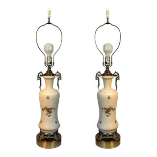 Mid 20th Century Hollywood Regency Moriage Satin Glass & Brass Urn Table Lamps - A Pair For Sale