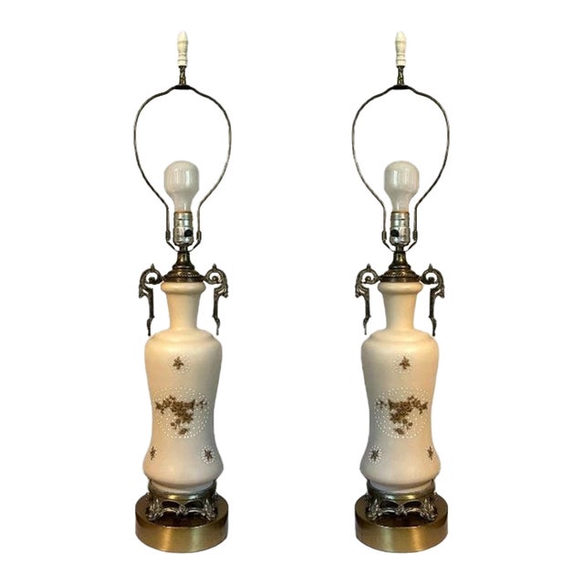 Mid 20th Century Hollywood Regency Moriage Satin Glass & Brass Urn Table Lamps - A Pair For Sale