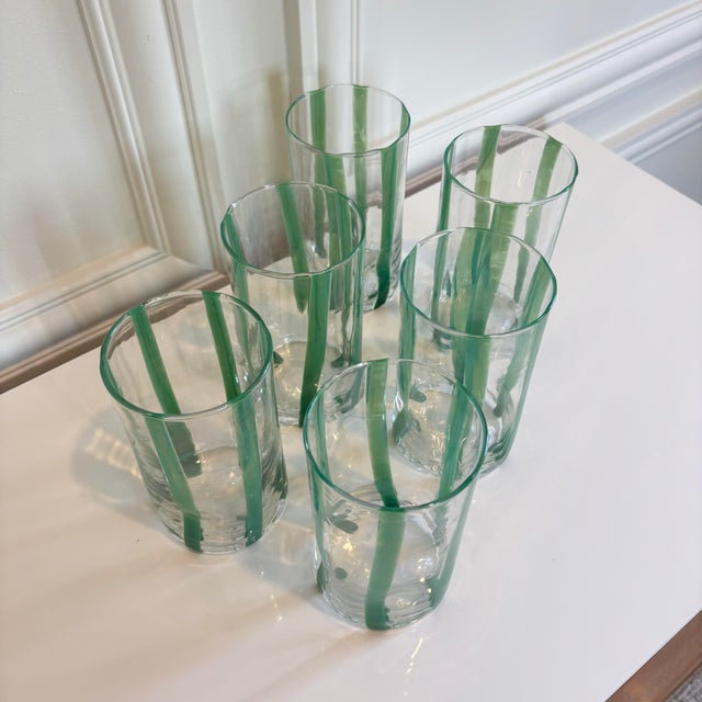 Contemporary Verdure Stripe Italian Murano Glass Tumblers - Set of 6 For Sale In Chicago - Image 6 of 7