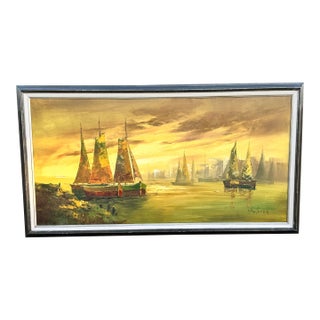 Mid Century Modern Framed Original Signed Seascape Oil Painting on Canvas For Sale