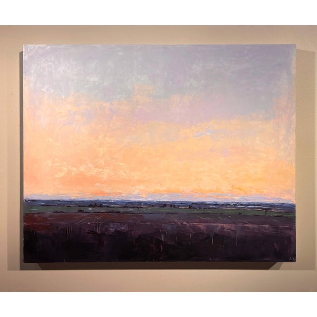 This oil painting captures a serene sunset, where soft hues of orange and pink blend seamlessly into a tranquil sky. The...