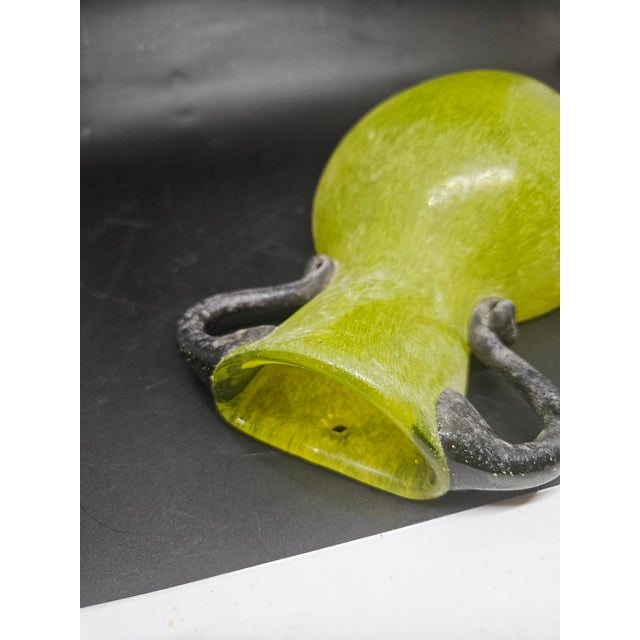 Traditional Vintage Scavo Amphora Hand Blown Green Glass Wall Vase Applied Handles For Sale - Image 3 of 3