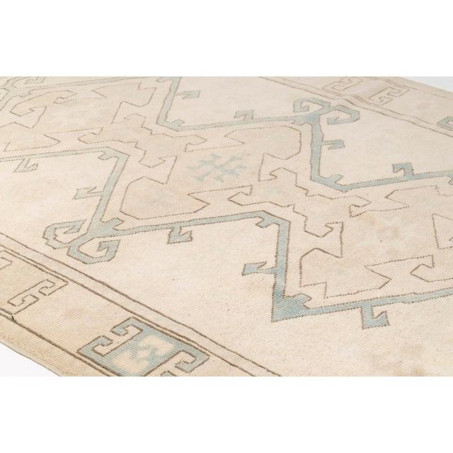 Turkish Vintage Turkish Oushak Rug in Cream and Sage Green Geometric Medallion For Sale - Image 3 of 10
