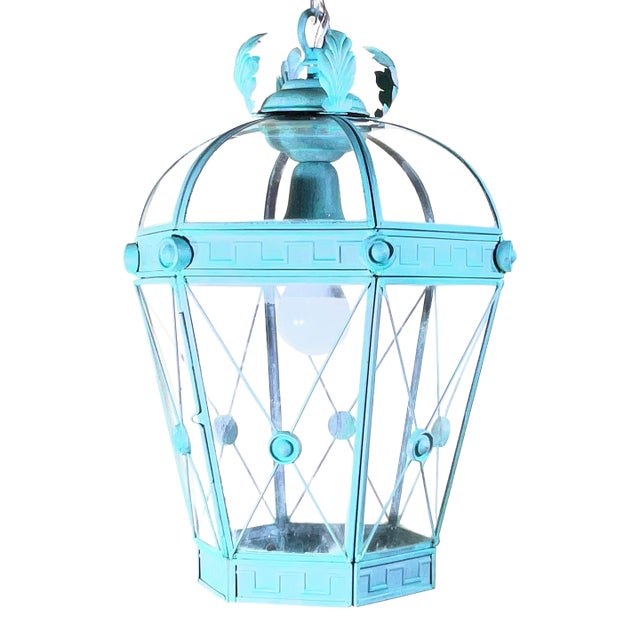 Vintage Style Solid Brass Verdigris Hanging Lantern - Restored & Rewired For Sale