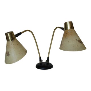 Double Gooseneck Brass Desk Table Lamp W/ Pressed Floral Fiberglass For Sale