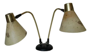 Double Gooseneck Brass Desk Table Lamp W/ Pressed Floral Fiberglass