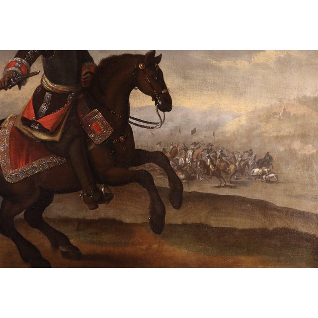 Frans van Der Meulen, Equestrian Portrait with Battle Scene, 1700s, Oil on Canvas For Sale - Image 6 of 15