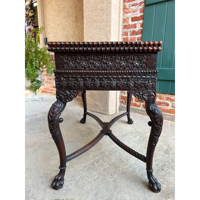 Antique Foyer Hall Table British Colonial Carved Wood Leather Flip Top Burmese For Sale - Image 4 of 12