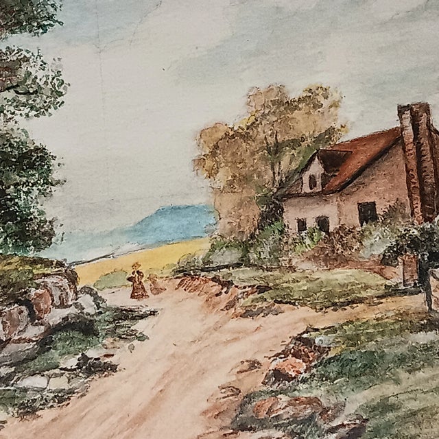 Green Antique 1919 Vintage Landscape Watercolor Painting House Barn Dirt Road, Framed For Sale - Image 8 of 12