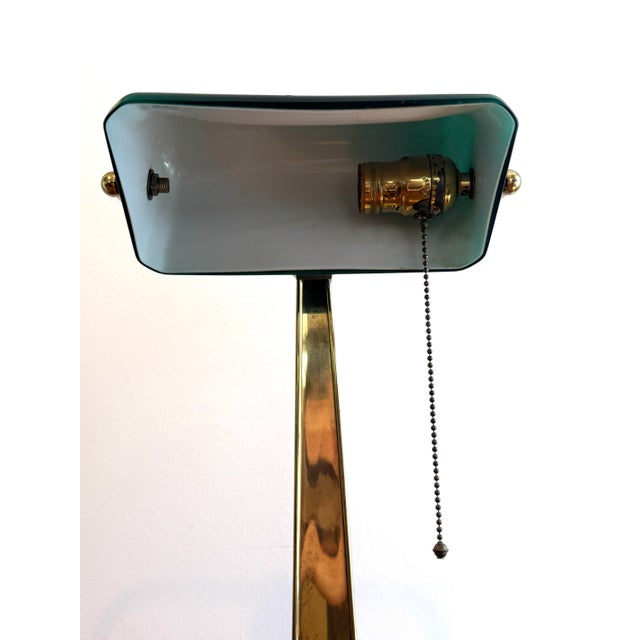 Art Deco Vintage Banker's Green Glass & Brass Desk Lamp For Sale - Image 3 of 12