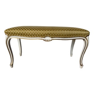 Vintage Karges Louis XV-Style Painted & Gilt Cabriole Leg Upholstered Bench For Sale