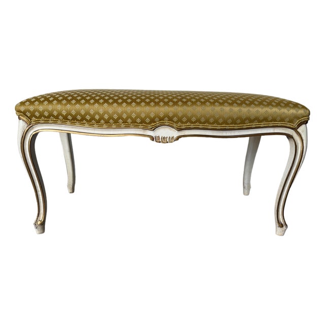 Vintage Karges Louis XV-Style Painted & Gilt Cabriole Leg Upholstered Bench For Sale