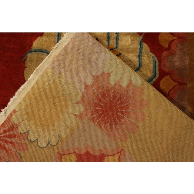 1950s Hand-Knotted Vintage Chinese Art Deco Rug, Red and Gold Pictorial Pattern For Sale - Image 5 of 6