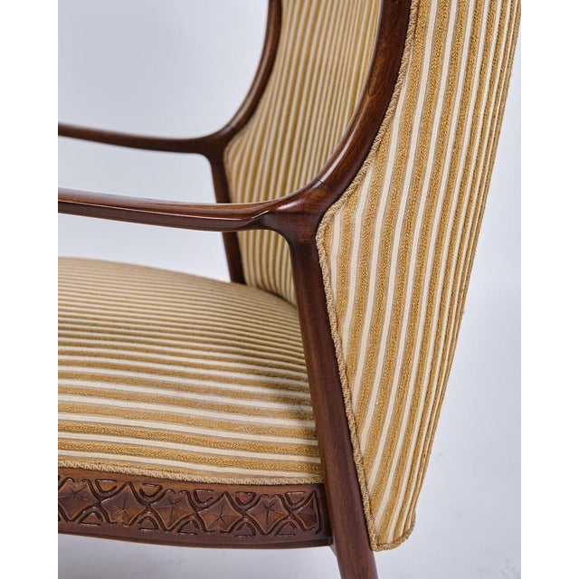 Beige Ear Flap Chair in Rosewood and Striped Fabric, 1930s For Sale - Image 8 of 10