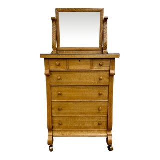 Antique American Empire Revival Oak Highboy Dresser Chest of Drawers With Mirror For Sale