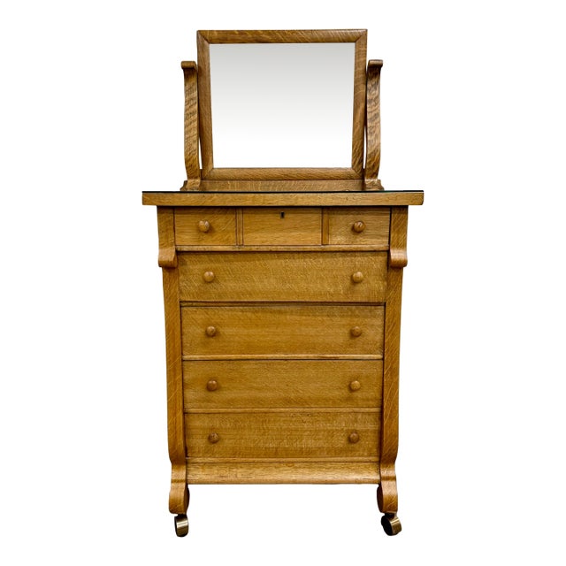 Antique American Empire Revival Oak Highboy Dresser Chest of Drawers With Mirror For Sale