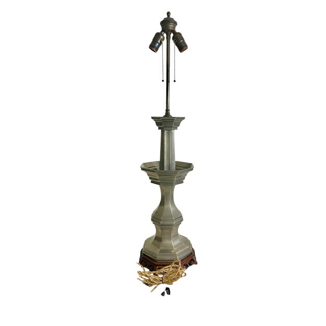 Mid-Century Modern Pair Vintage Mid-Century Modern Pewter Candlestick Lamps With Chinoiserie Bases For Sale - Image 3 of 18