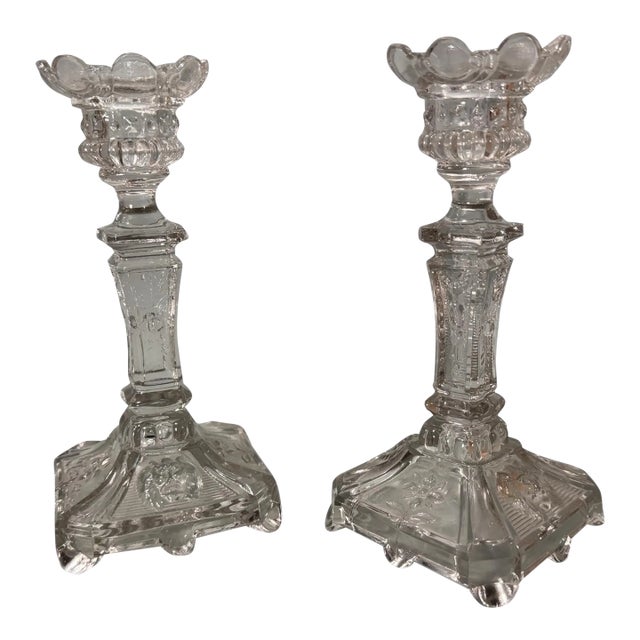 Pair of Vintage Pressed Glass Floral & Lion Decorated Glass Candlesticks For Sale