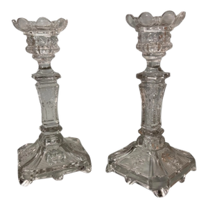 Pair of Vintage Pressed Glass Floral & Lion Decorated Glass Candlesticks
