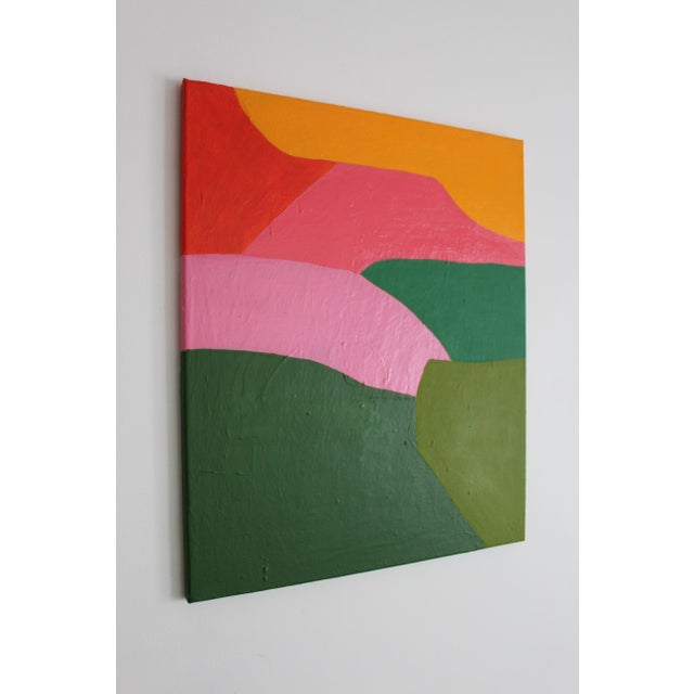 Contemporary abstract artwork entitled "Fields at Dusk." Shades of green blend with pink tones to create a luminous...