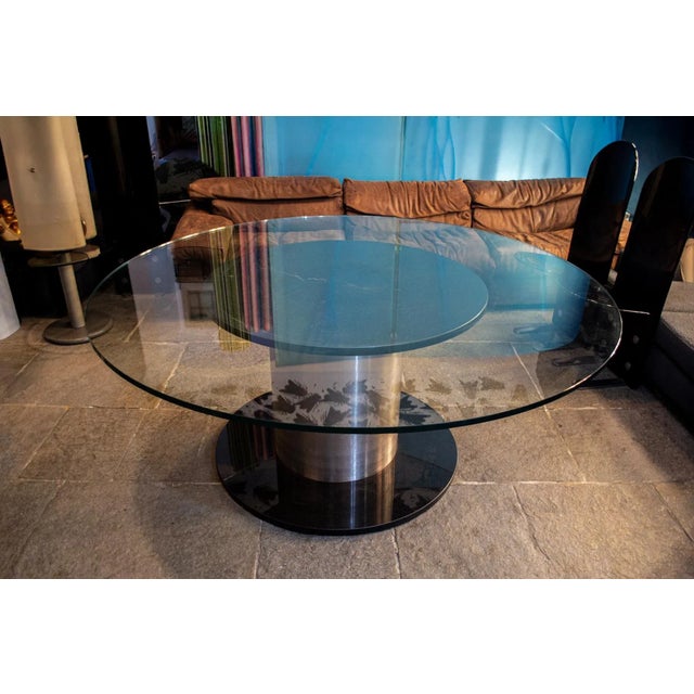 Table with marble and steel frame, glass top. Space Age style 1970s