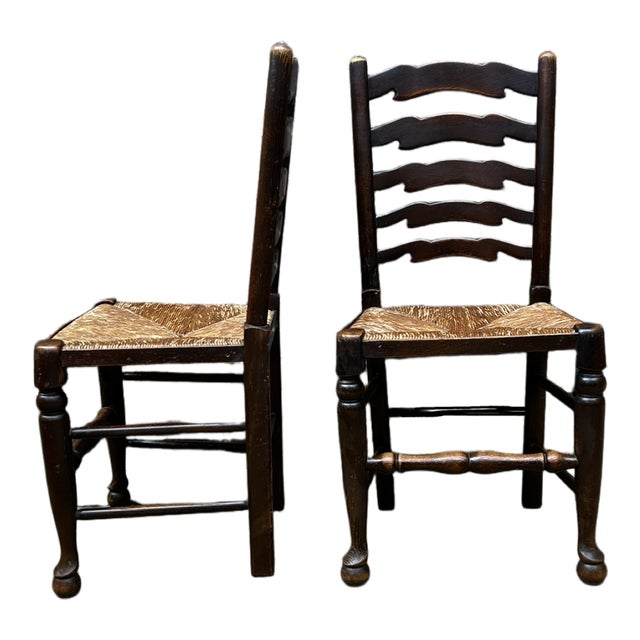 Brown English Oak and Rush Seat Ladder Back Chairs, Late 19th Century, Set of 4 For Sale - Image 8 of 8